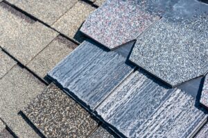 Close-up of various roofing shingle styles offered by Roofing Pups in Maryland, showcasing color and material options for residential roof installation.