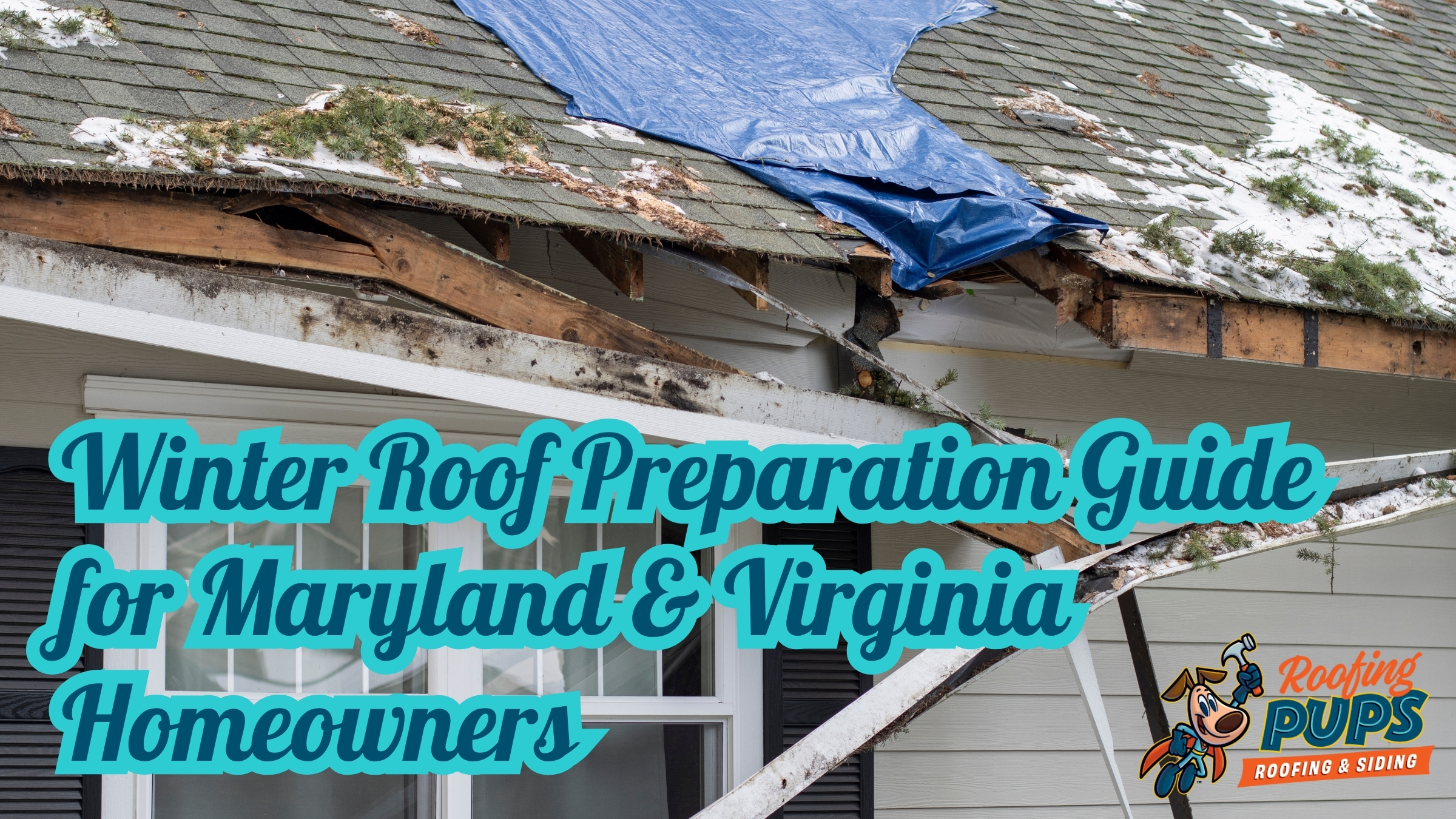 Damaged roof covered with a tarp during winter showing wood rot and missing shingles.