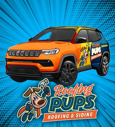 Roofing Pups branded orange SUV with company mascot and Roofing & Siding logo, representing trusted roofing services throughout Anne Arundel County, MD.