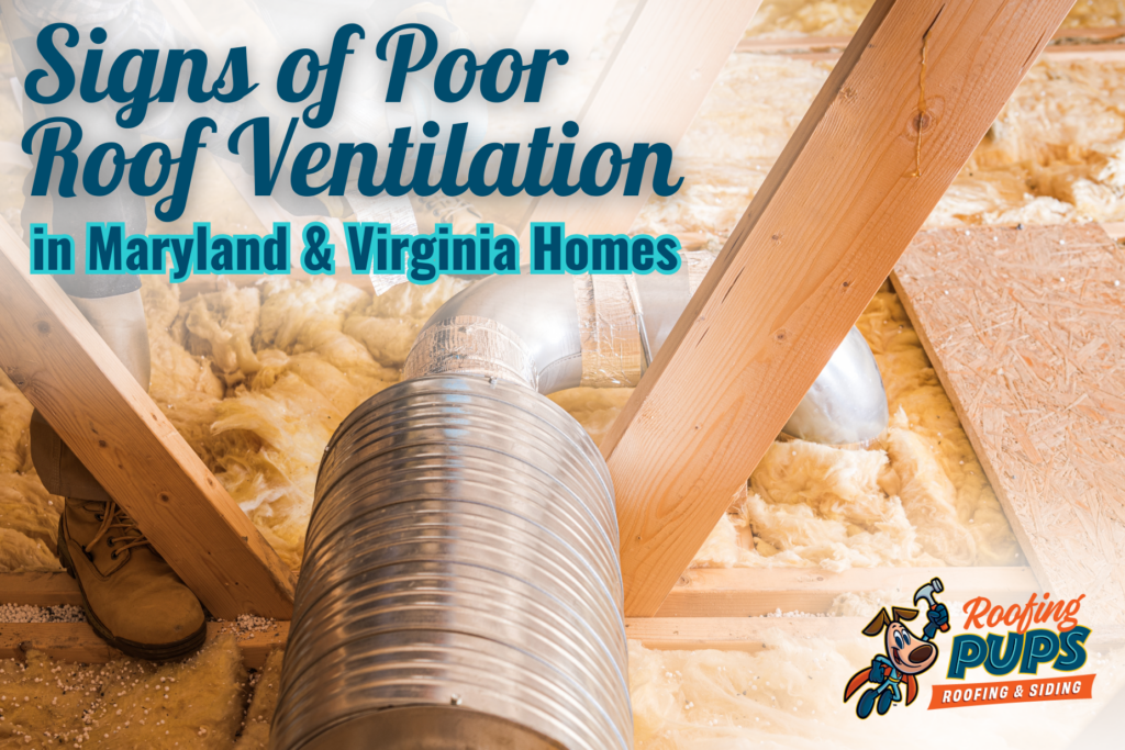 Roofing Pups attic ventilation system with ductwork and insulation highlighting signs of poor roof ventilation in Maryland and Virginia homes.