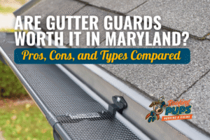 Roofing Pups gutter guard system installed along the edge of an asphalt shingle roof in Maryland.