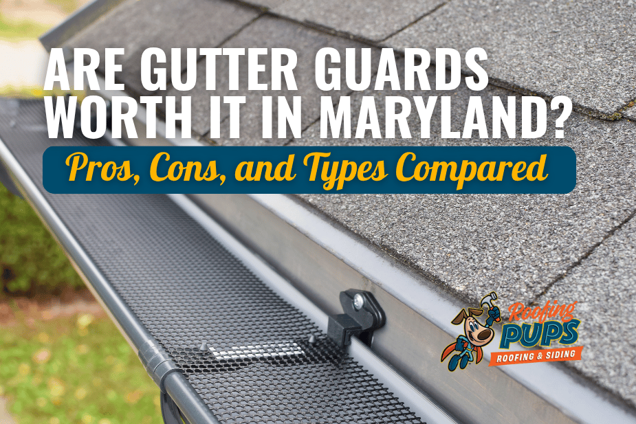 Roofing Pups gutter guard system installed along the edge of an asphalt shingle roof in Maryland.
